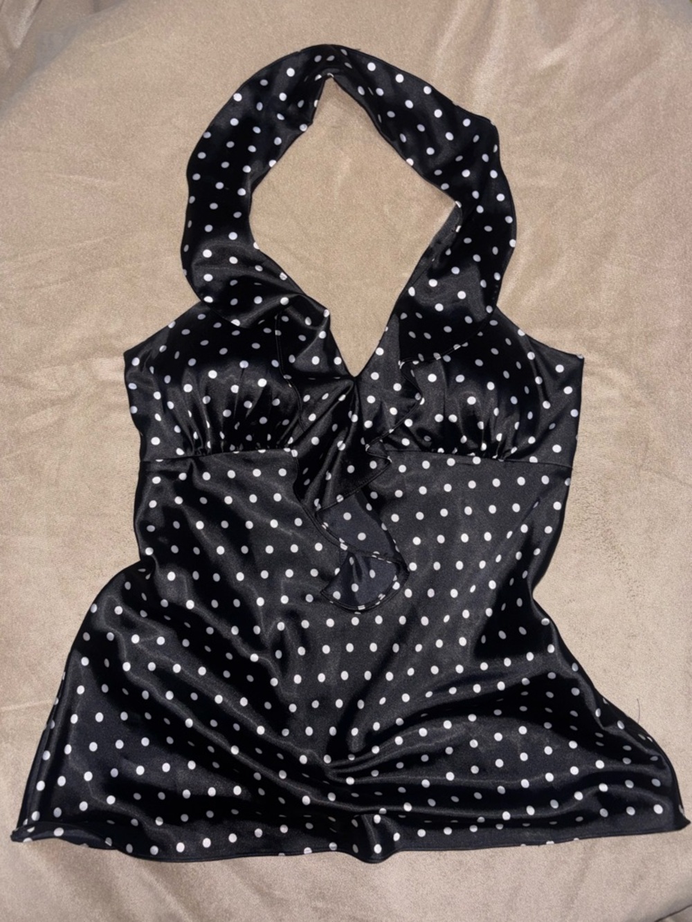 Spense Black Polka Dot Satin Halter Top
